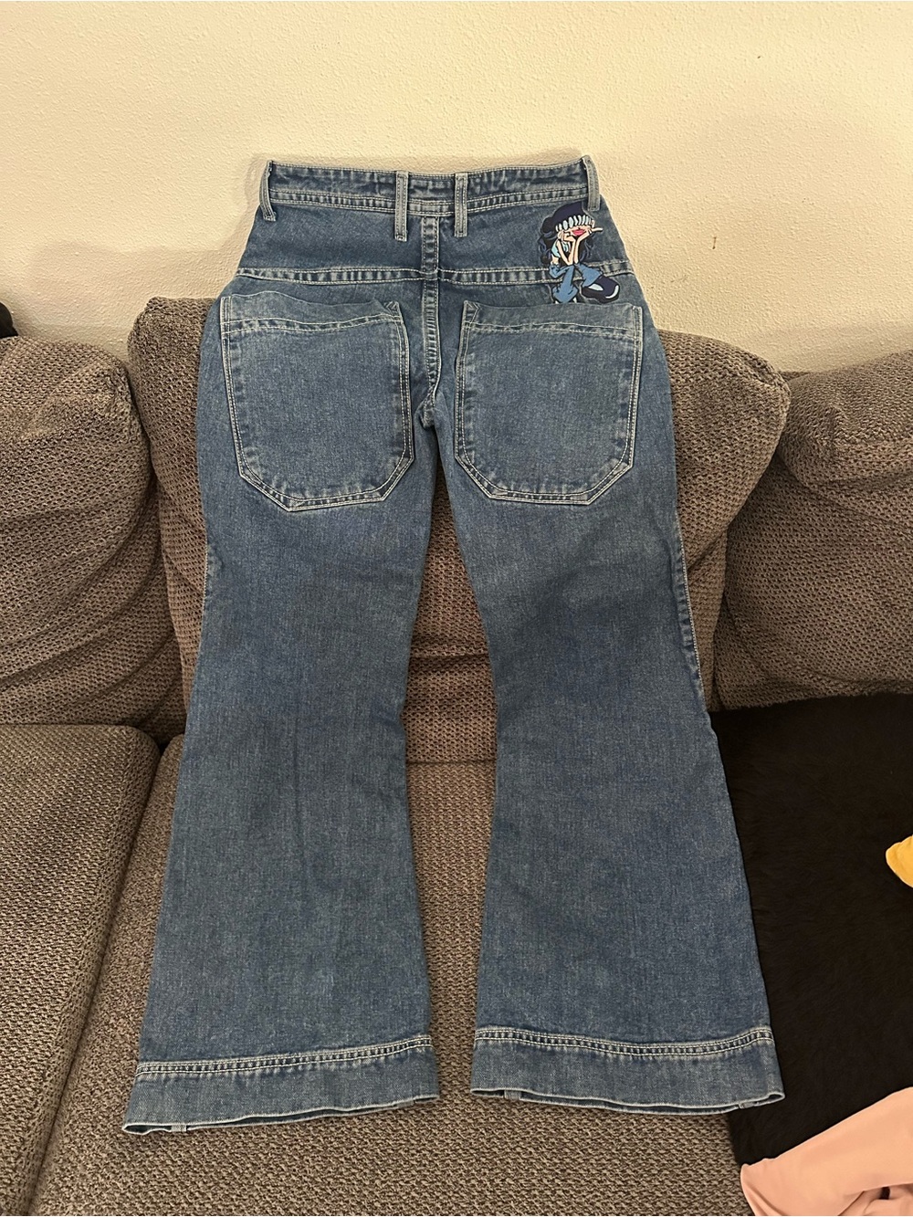 Women's Blue Denim Flare Jeans with Back Embroidered Detail